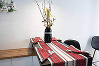 Доріжка на стіл, ранер + 4 серветки, основа льон, орнамент червоний, розмір 45*210