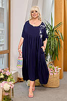 Синее летнее длинное платье с вышивкой на груди батал с XL-2XL размер