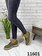 Трендові натуральні замшеві туфлі оливкового кольору, жіночі туфлі на шнурівці