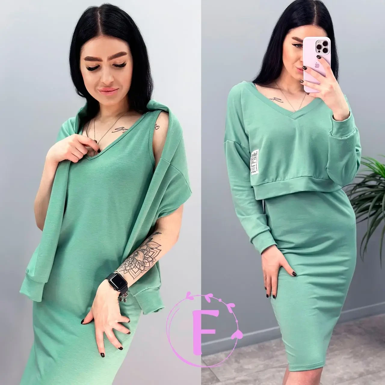 Повсякденний костюм із сукнею та укороченим світшотом у кольорах