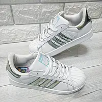 Кроссовки Adidas*superstar/Адидас*суперстар белые с зелёным глянцем р.41