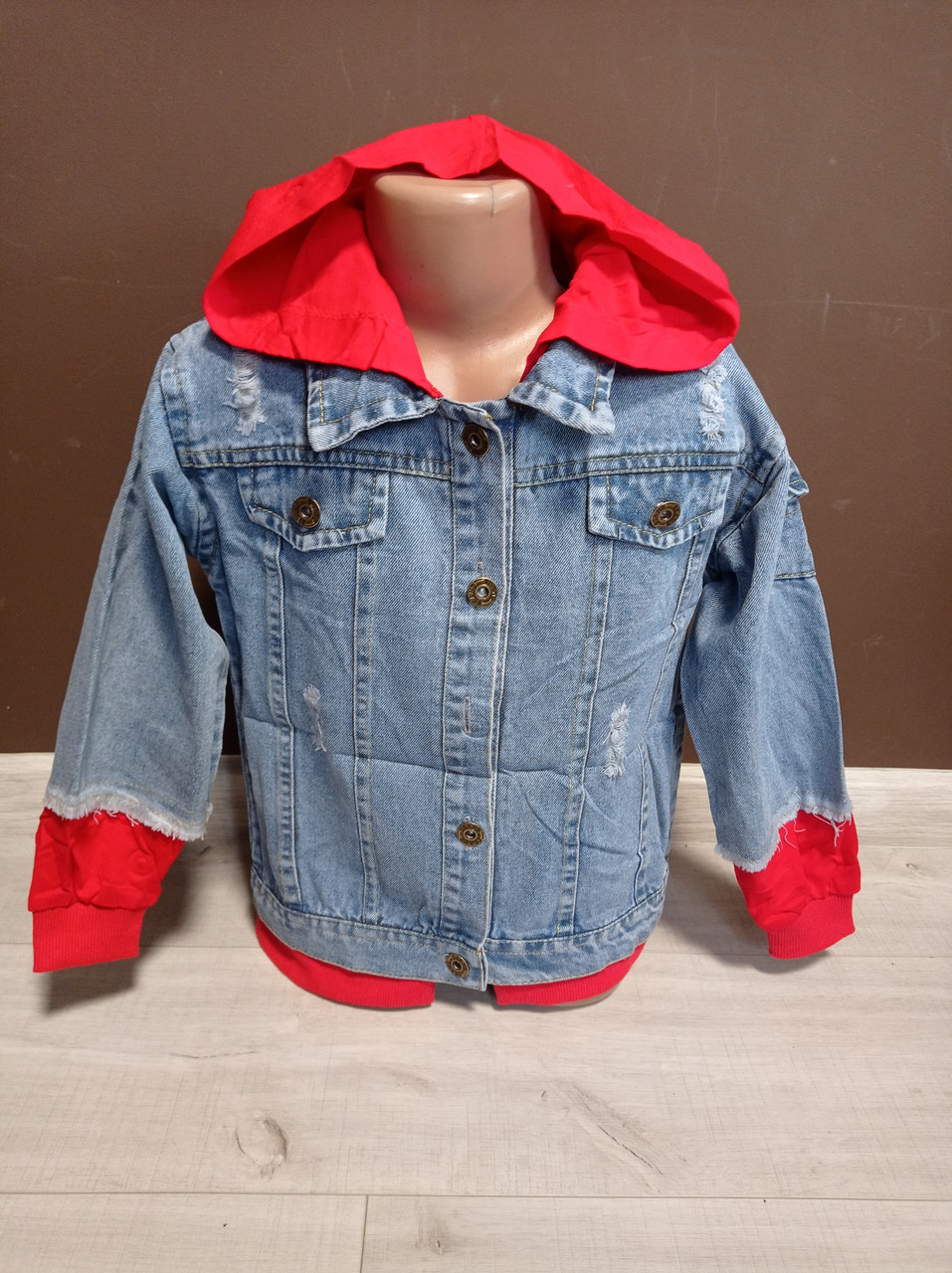 Дитяча джинсова куртка-кофта "Собачка" для дівчинки з капюшоном Туреччина Turkey на 1-5 років блакитний з червоним