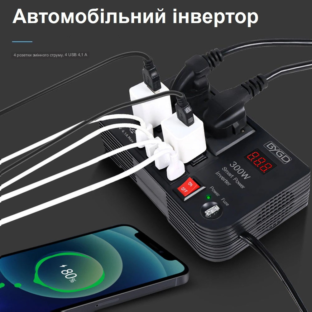 Автомобільний інвертор TEN SPACE E8982 12V-220V 300W в прикурювач, Перетворювач Напруги c розеткою