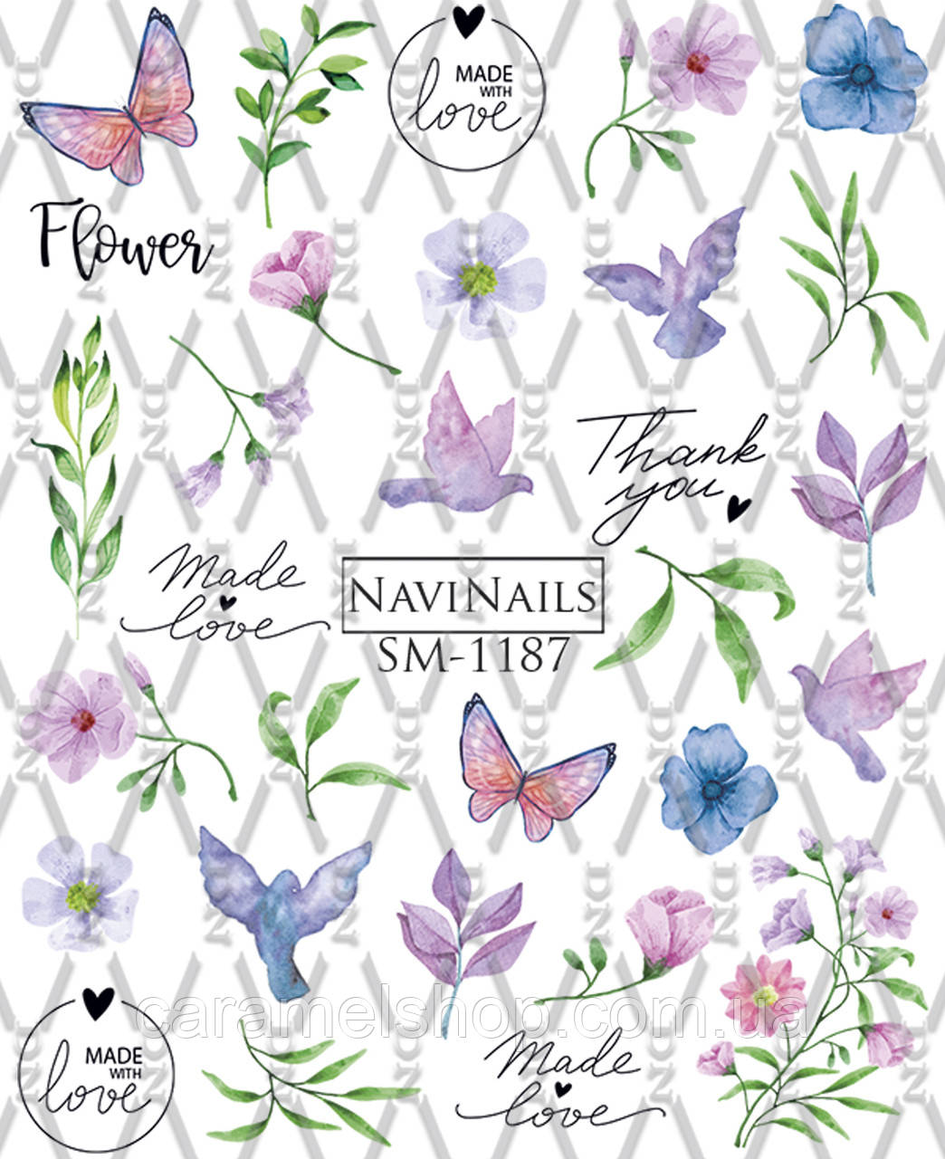 Слайдер дизайн для нігтів з білою підкладкою та малюнком мікс SM-1187 Квіти