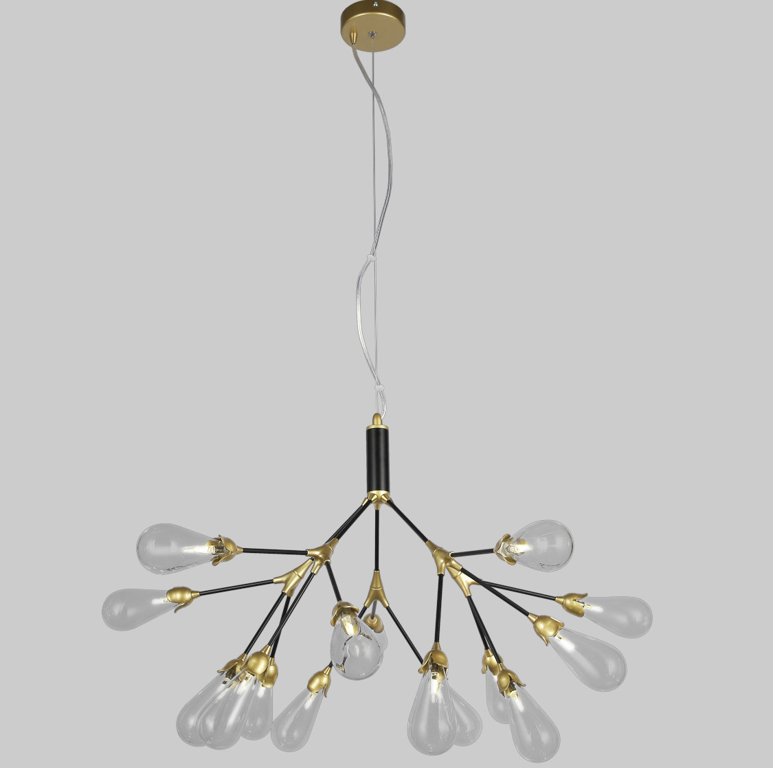 Чорно-золота люстра з прозорих бутонів на 15 ламп (918-LP268-15 BK+CL)