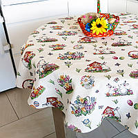Скатерть пасхальная гобеленовая круглая нарядная белая праздничная для круглого стола "Заячья поляна"