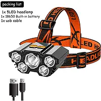 Usb вбудований акумулятор 5 світлодіодів яскравий налобний ліхтарики, сильна фара