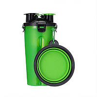 Дорожня пляшка для собак для води 350 мл та корми 250 г зі складними мисками Зелена