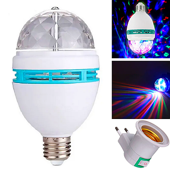 Диско лампа в патрон E27, RD-5003 + Перехідник / Світлодіодна RGB лампа дискошар що обертається