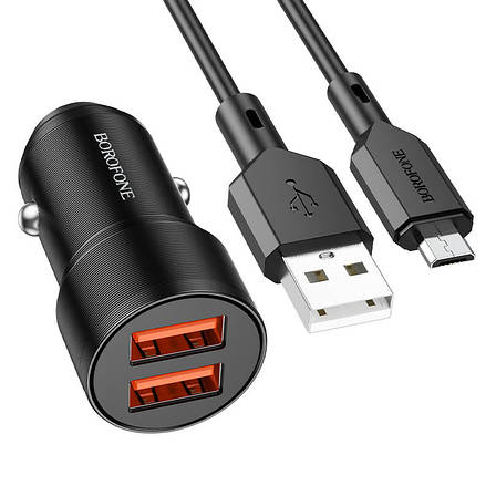 Автомобільний зарядний пристрій в прикурювач Borofone BZ19 2хUSB + кабель Micro USB Чорний (BZ19MB), фото 1