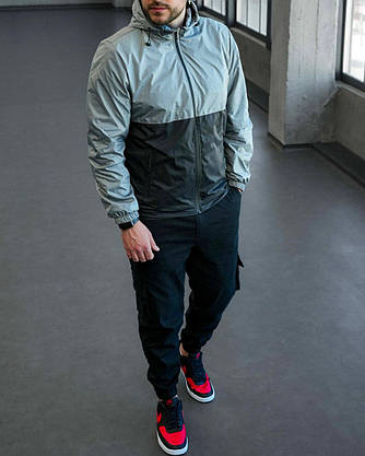 Чоловіча вітровка Фентезі стильна легка сіро-чорна, чоловічі куртки вітровки зручні з капюшоном, фото 5