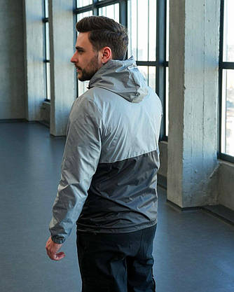 Чоловіча вітровка Фентезі стильна легка сіро-чорна, чоловічі куртки вітровки зручні з капюшоном, фото 4