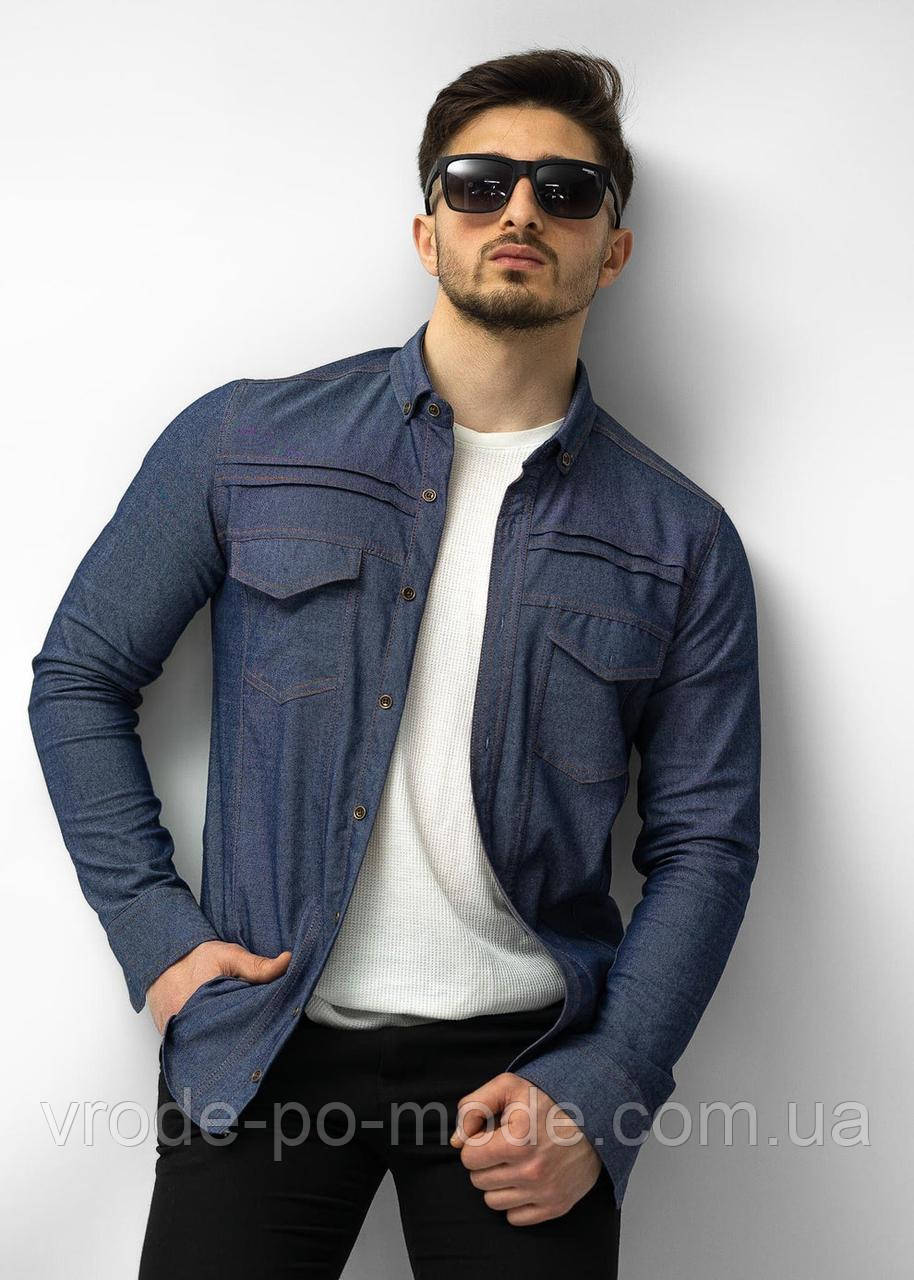 Джинсова синя чоловіча сорочка з довгим рукавом та кишенями, джинс, фабрична Туреччина, новинка 2025 року, фото 1