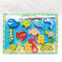 Игрушка детская рыбалка деревянная Рыбки деревянные 12 разноцветных рыбок и удочки