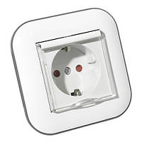 Розетка одинарна із заземленням із кришкою та шторками LOFT білий + сірий
