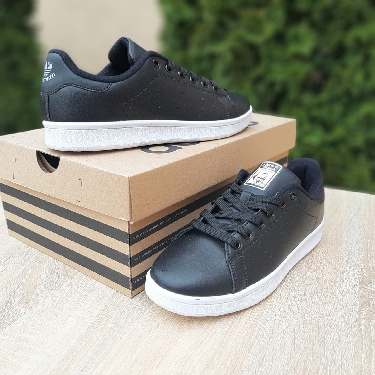 Літні жіночі кросівки чорні з білим Adidas Stan Smith. Взуття жіноче чорно-біле на літо Адідас Стен Сміт