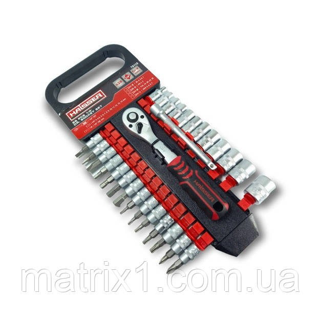 Набір насадок торцевих (4-13 мм), подовжувач 100 мм, тріскачка 72 зуби, 1/4" 28ед CR-MO HAISSER, фото 1