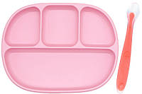 Детская четырех-секционная силиконовая тарелка с присоской и ложечка Розовый (n-10236)