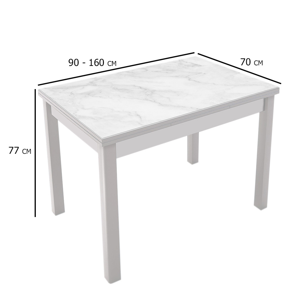 Білий скляний кухонний стіл розкладний Марсель 90-160х70 см під мармур на дерев'яних ніжках, фото 1