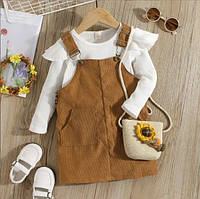 Детский набор: белая кофта + коричневый сарафан. Вельветовое платье на девочку с регланом