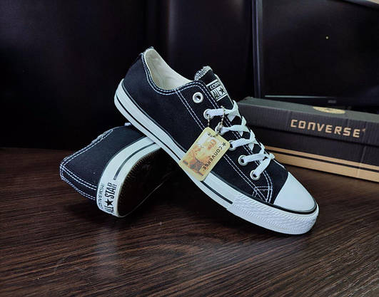 Кеди Converse All Star cotton текстиль КОТОН з логотипом чорно-білі низькі чоловічі унісекс, фото 6