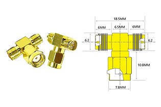 Трійник для FPV та радіообладнання (RP-SMA F - RP-SMA M - RP-SMA F)
