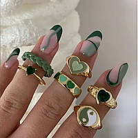 Набор женских ярких колец в золотистых зеленых цветах декор камни (6 шт)