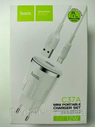 СЗУ блок Hoco C37A Thunder (1USB/ 2.4A) + кабель Micro USB білий, фото 2