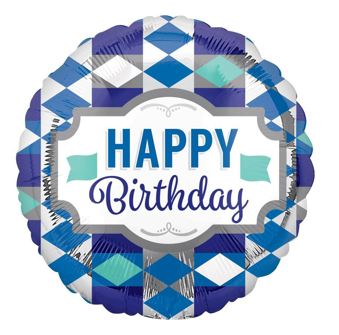 Фольгована кулька круг "Happy Birthday ромб" синя 18"(45см) 1шт.