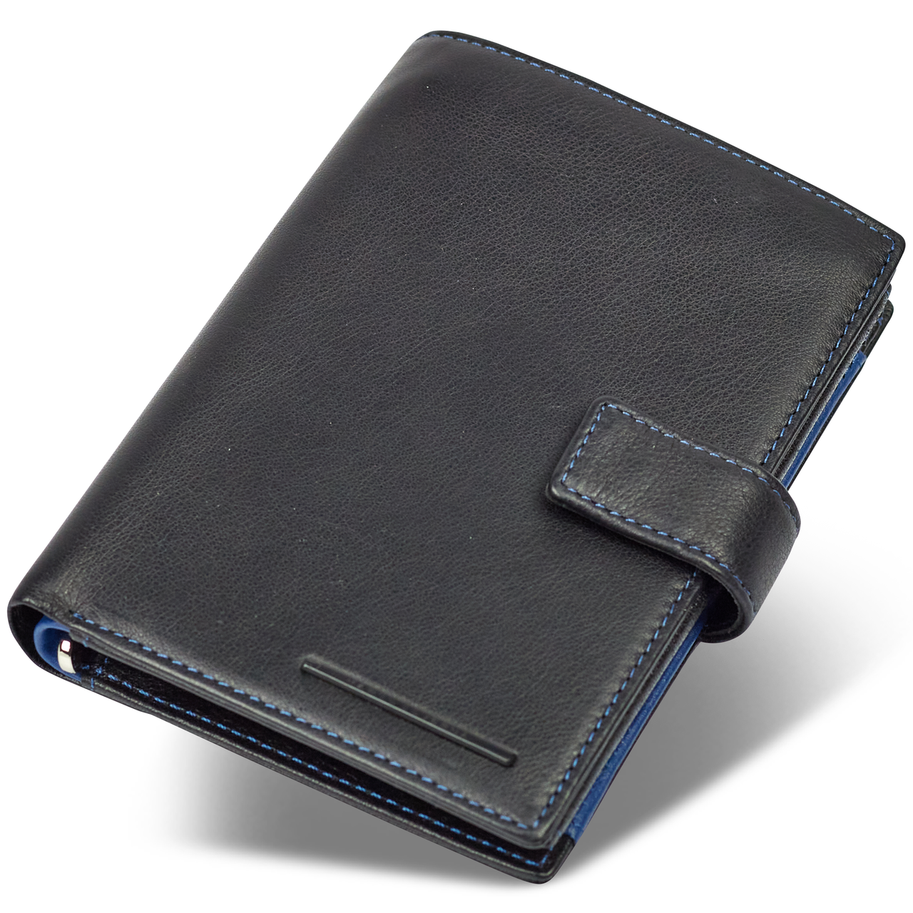 Чорний чоловічий гаманець з фіксацією з натуральної шкіри із синім обрамленнямMarco Coverna MC-1005 A 1221