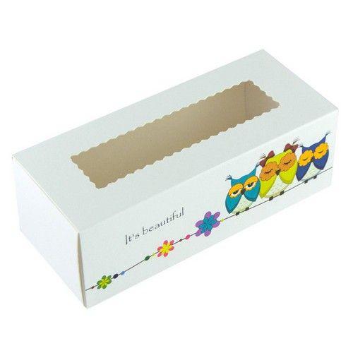 Коробка для макаронс, цукерок, безе з прозорим вікном Совушки, 14х5х6 см