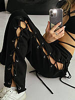 Женские стильные трендовые брюки со шнуровкой. Турецкая двухнитка Арт. 261А350 Черный