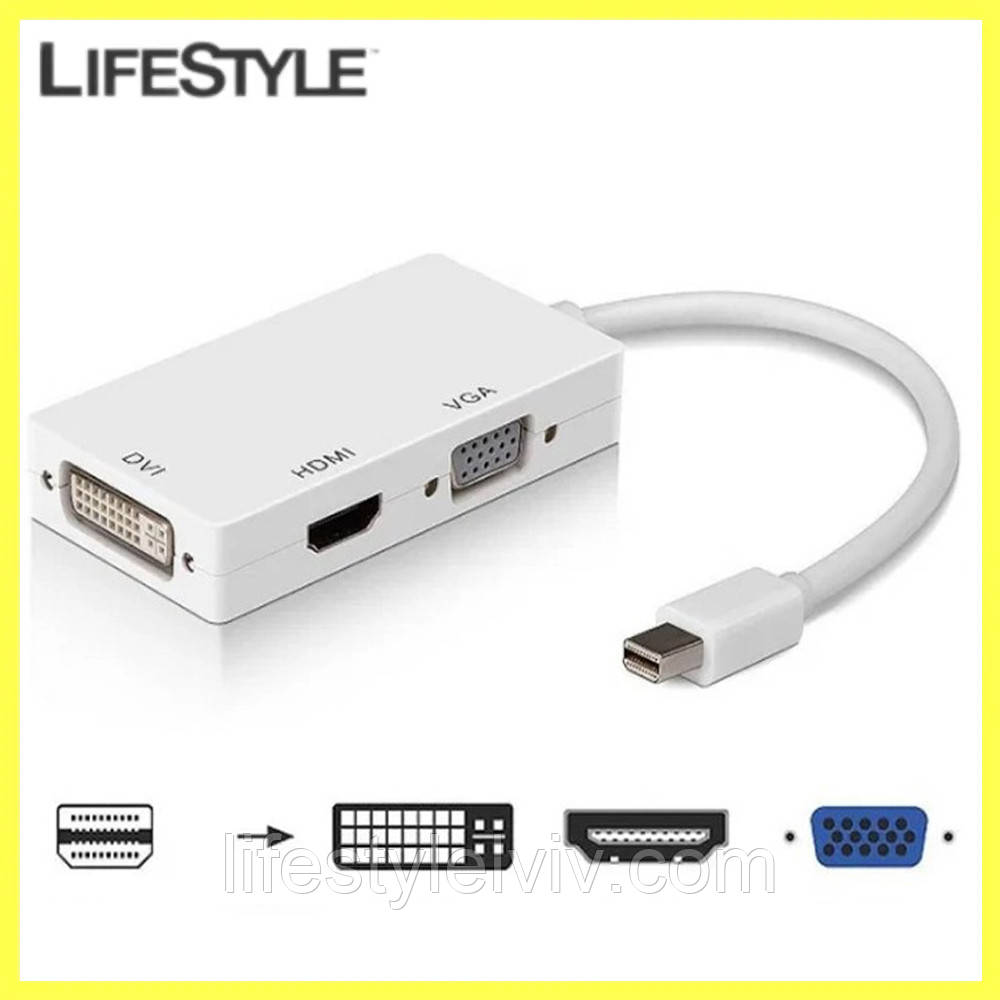 Переходник адаптер 3в1 Mini DisplayPort на HDMI, DVI, VGA / Конвертер Full HD 1080p - фото 1 - id-p1810638443