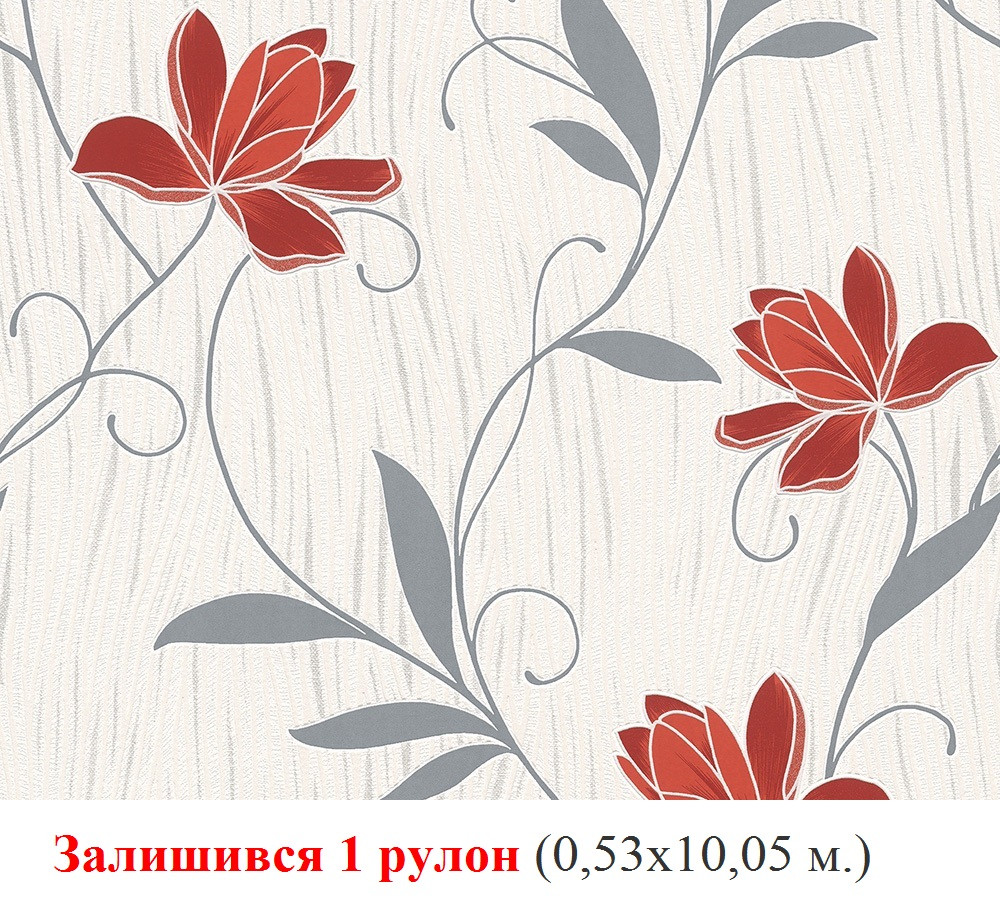 Фактурні німецькі шпалери 306227 з яскравими червоними квітами на теплому білому, молочному тлі, вінілові для дівчинки