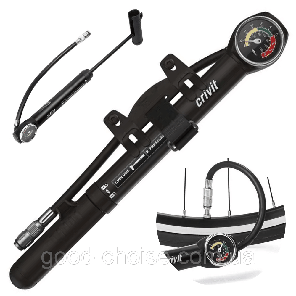 Міні насос для велосипеда, з манометром, F-45-12 / Велонасос із кріпленням на раму / Алюмінієвий ручний насос