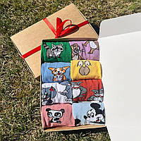 Набор женских длинных ярких прикольных носков 36-41 8 пар с мультяшным рисунком в подарочной коробке