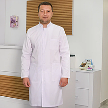 Чоловічий медичний халат Віталій, довгий рукав, комір стійка, колір білий Розмір 44, 46, 48, 50, 52, 54