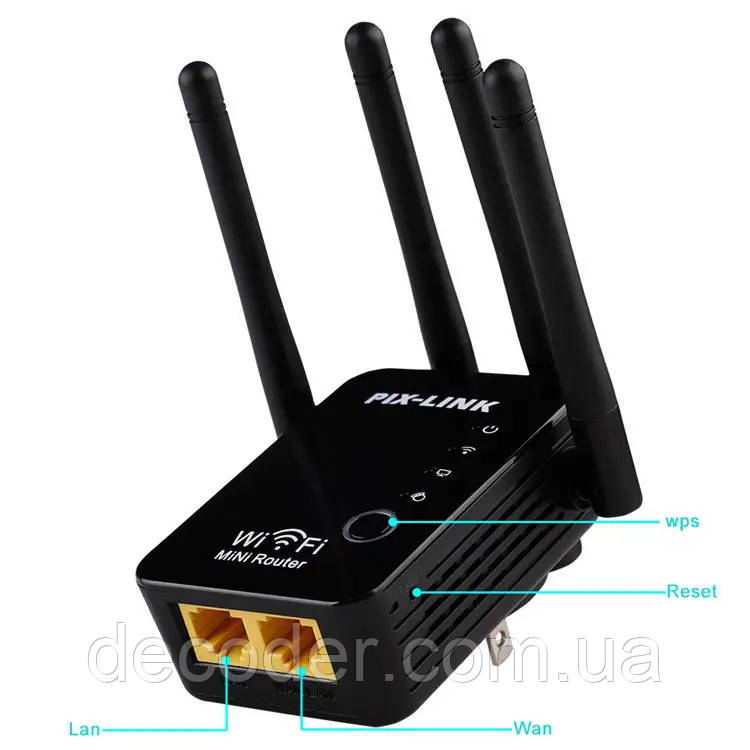 Роутер Wi-Fi Підсилювач сигналу інтернет маршрутизатор, 4 антенний Router подовжувач 300 Мбіт/с Repeater (Pix-link WR16)