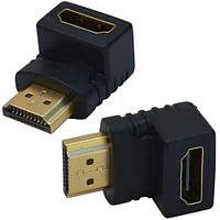 Переходник, штекер HDMI - гнездо HDMI, gold, угловой, пластик