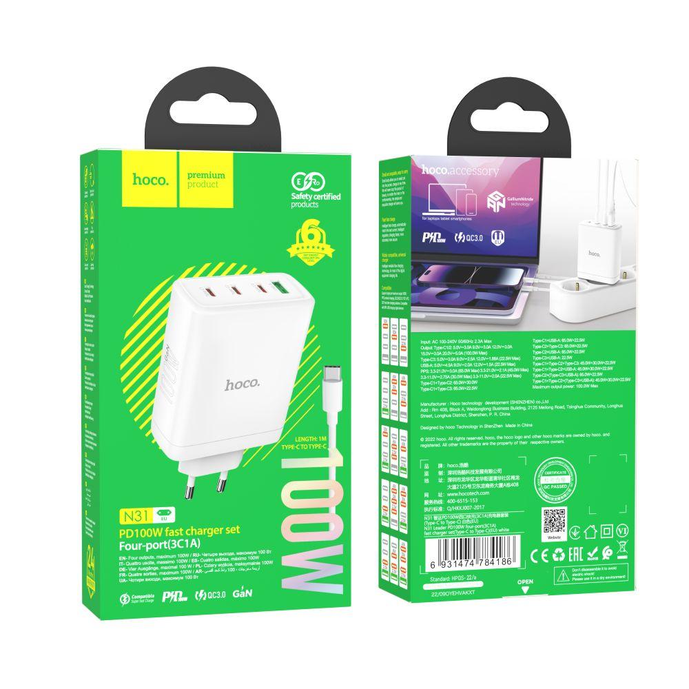 Мережевий зарядний пристрій Hoco N31 Leader GAN PD 100W/QC 22.5W Type-C to Type-C зарядка для телефона