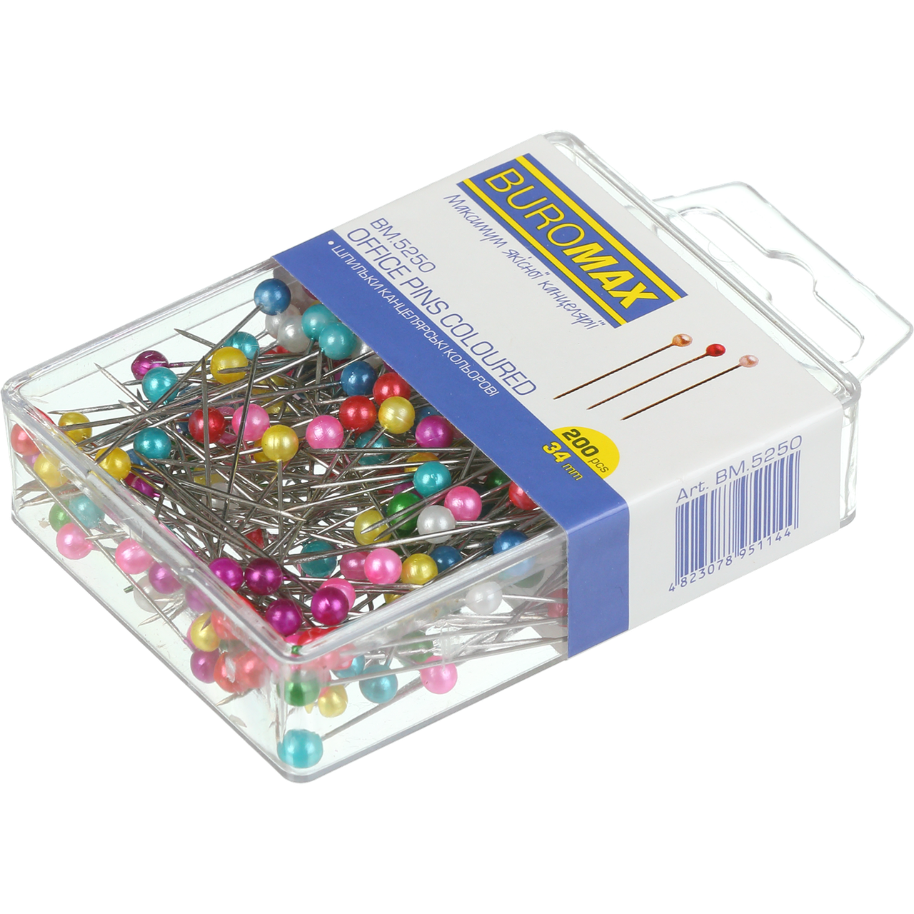 Шпильки кольорові, 34 мм, 200 шт., пластиковий контейнер BM.5250