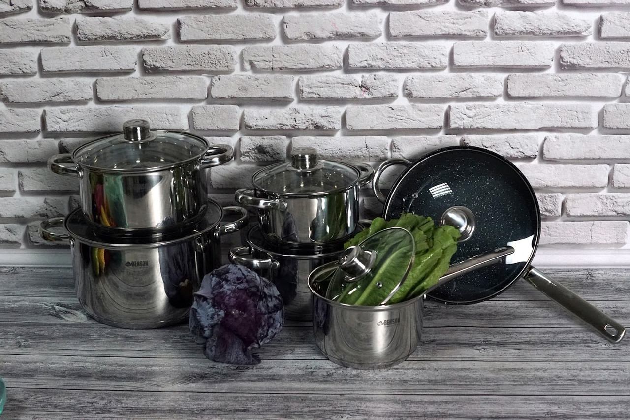 Набір каструль з нержавіючої сталі 12 предметів Benson BN-208 (2,1 л, 2,1 л, 2,9 л, 3,9 л, 6,5 л) | сковорода, фото 1