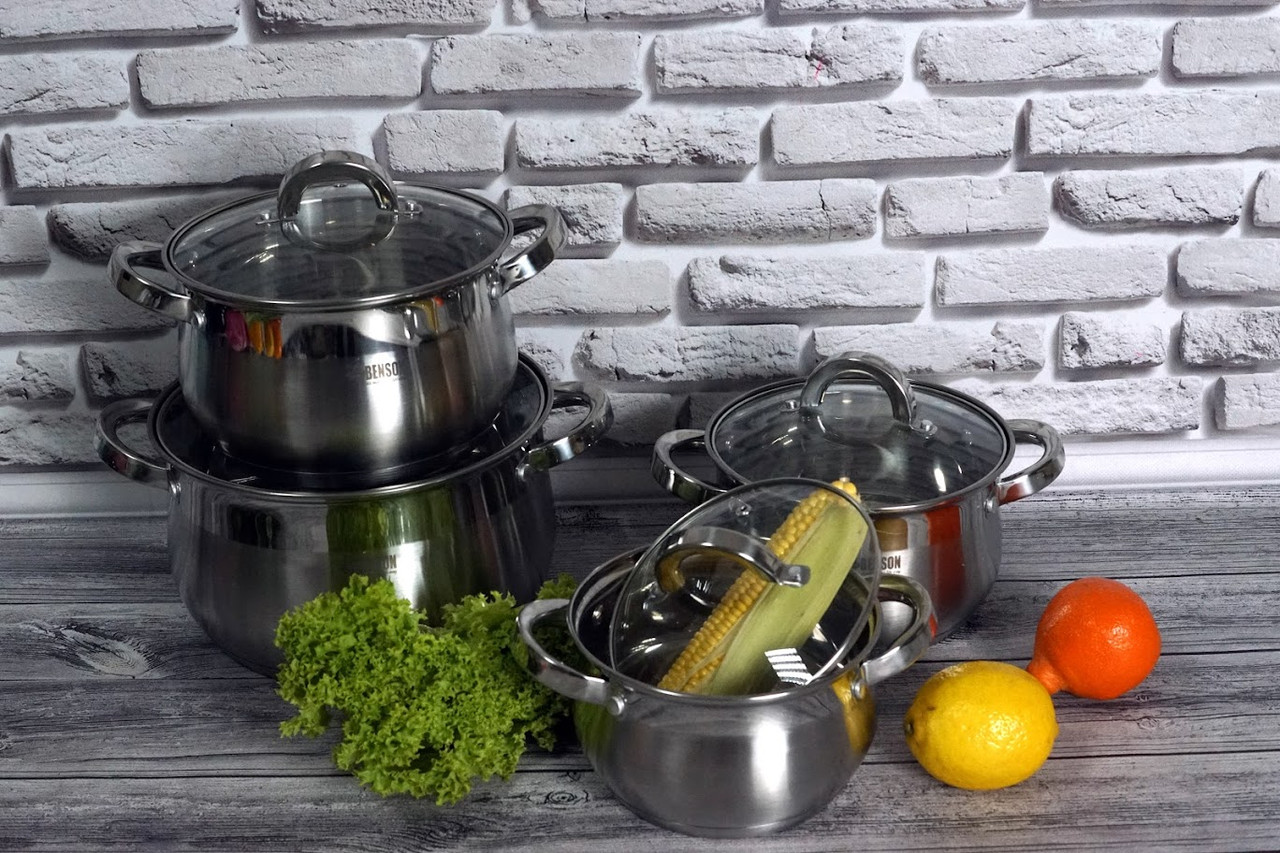 Набір каструль з нержавіючої сталі 8 предметів Benson BN-210 (2,1 л, 2,9 л, 3,9 л, 6,5 л) | каструля, фото 1