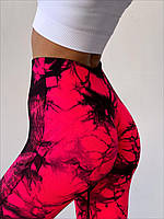 Спортивные женские леггинсы / лосины Marble Tie-Dye малиново-красные неон с эффектом Push Up (бесшовные)