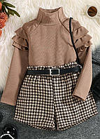 Детский костюм гольф, шорты, пояс, комплект для девочки с шортами коричневый гусиная лапка