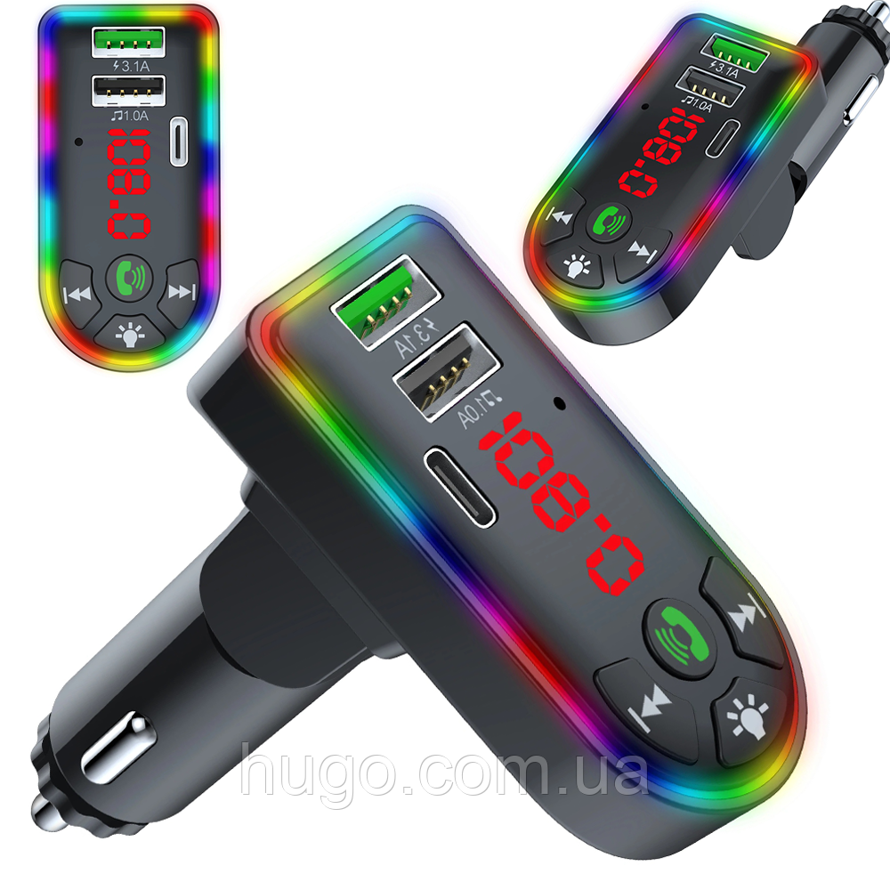 Автомобільний FM-Модулятор 3в1 з Bluetooth, RGB підсвічуванням та LED-екраном F4/F7 / Фм-трансмітер з USB в машину, фото 1