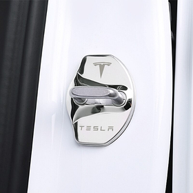 Накладка на дверний замок з емблемою TESLA (Тесла) Комплект 4 шт Хром