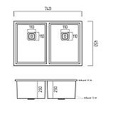 Кухонна мийка Platinum Handmade 7445 220 подвійна квадратний сифон 3,0/1,0, фото 6