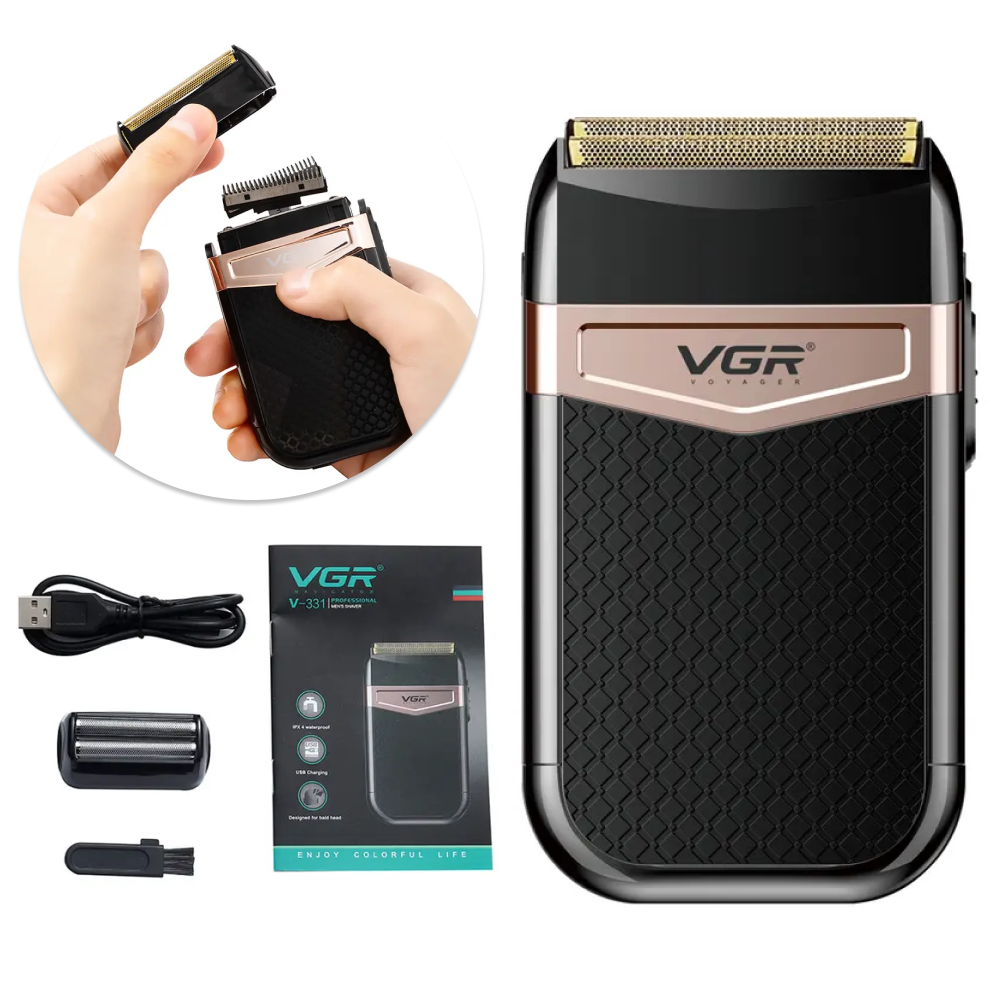 Професійна акумуляторна електробритва з насадками V-331 / Дорожній шейвер / Триммер для вусів та бороди, фото 1