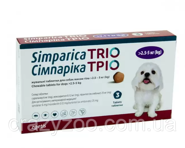Simparica TRIO (Таблетки от блох, клещей и гельминтов для собак 2,5 - 5 ...